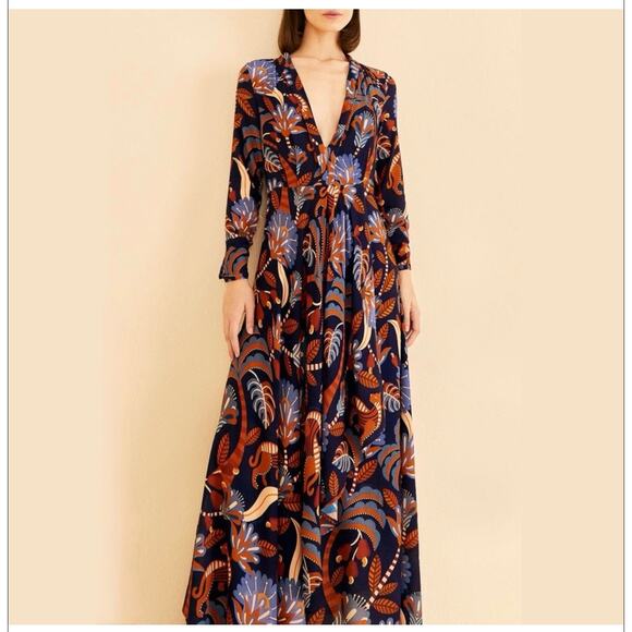 FARM Rio Dresses & Skirts - FARM RIO Nature Beauty Blue Long Sleeve V Neckline Maxi Dress Nature Beauty Blue